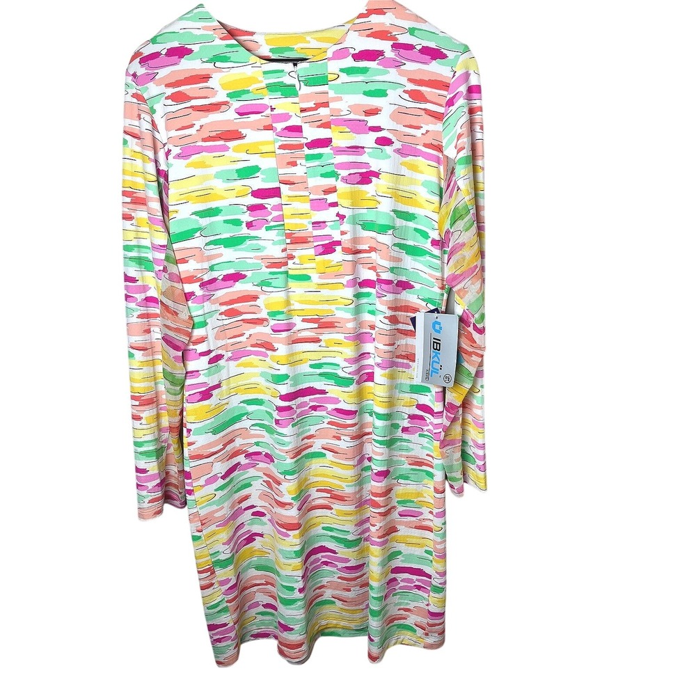 IBKUL Deidra Multi Color IceFil Long Sleeve Crew Dress UPF 50+ Size L 52849 NWT